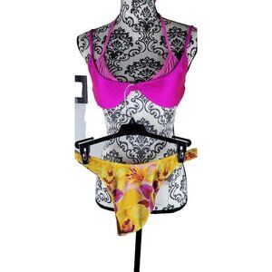 SAME Los Angeles Bikini Set L Pink Underwire Top Yellow Floral Bottom NWT